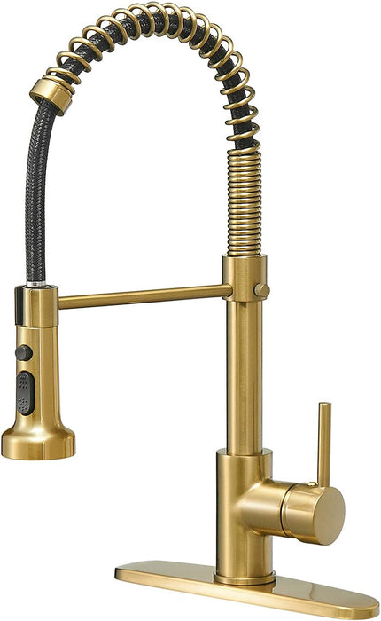 BESy Commercial Kitchen Faucet with Pull Down Sprayer, High-Arc Single Handle Single Lever Spring Rv Kitchen Sink Faucet with Pull Out Sprayer, 3 Function Laundry Faucet, Brushed Gold