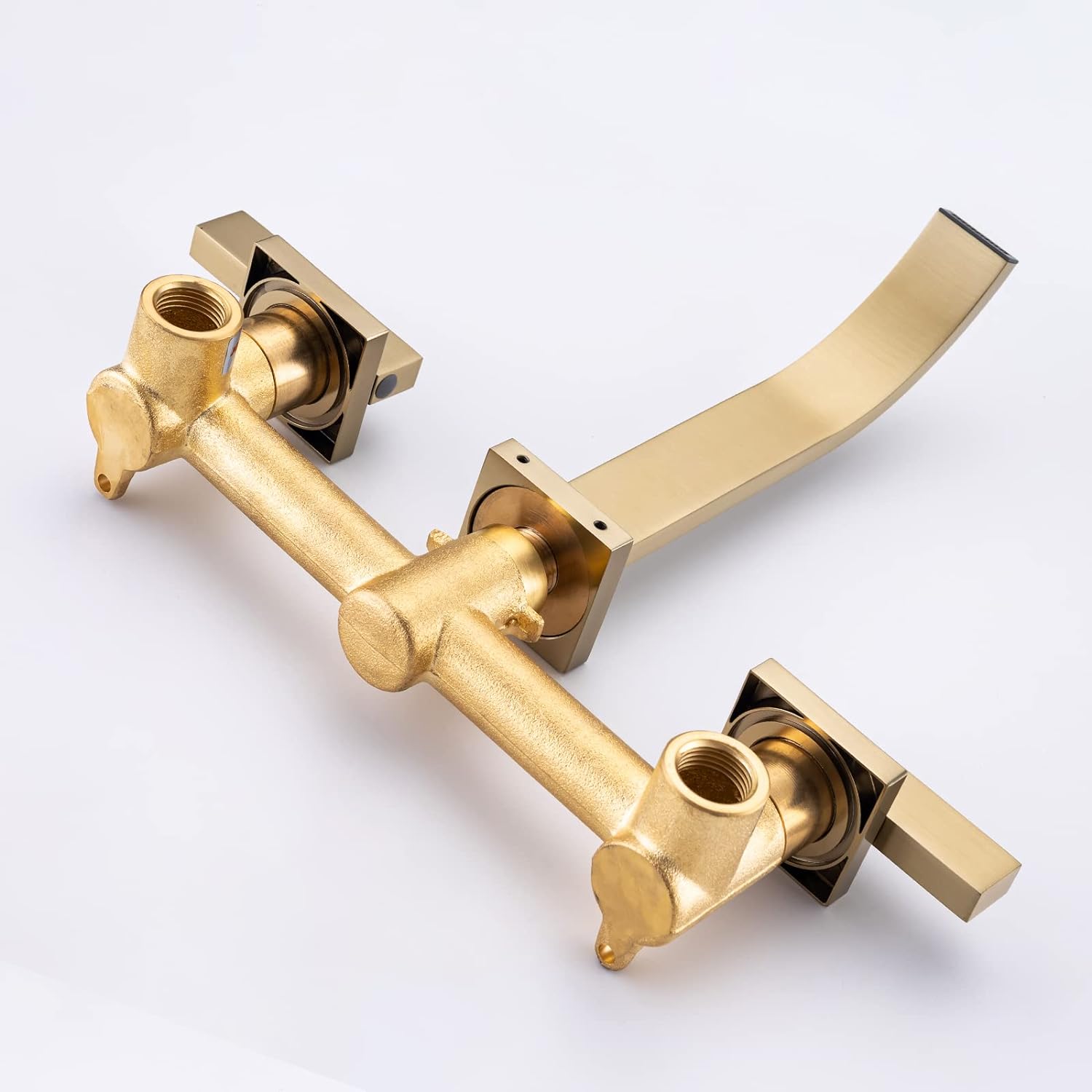 Brass Wall Faucet Brushed Gold Wall Mounted Bathroom Faucet, Wall Mount Bathroom Sink Faucet, Dual Lever Handle, Rough-in Valve Included, Pt001-BG