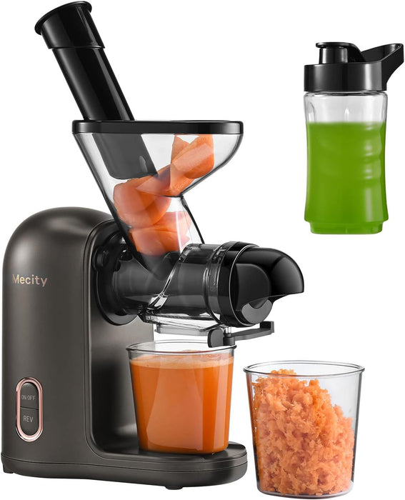 Mecity Small Masticating Juicer Electirc Slow Juicer with Reverse Function for Home, Easy to Clean Juicer Extractor with Travel Bottle, Self-Feeding Juice Maker for Vegetable and Fruit