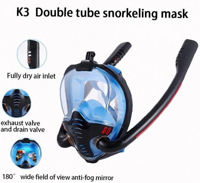 K3 Dual Tube Silicone Snorkeling Mask Anti-Fog and Anti-Leak Full Face Full Dry Scuba Tube Diving Mask with High-Definition Lens