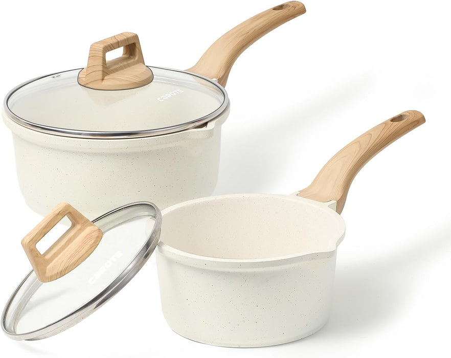 CAROTE 1.5QT & 2.4QT Saucepan Set with Lid Nonstick Sauce Pot Cooking Pot with Pour Spout, PFOA FREE(White Granite), A00