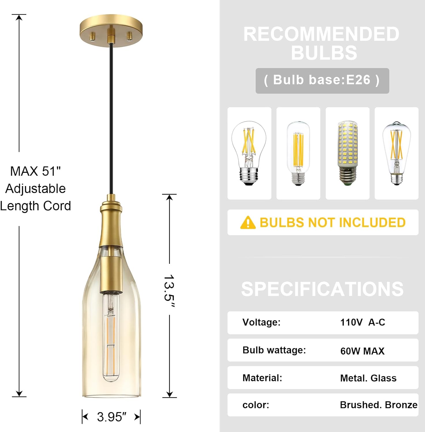 SEENMING HOUSE 1 Light Indoor Hanging Kitchen Island Pendant Light Fixtures Gold Finish with Handmade Amber Glass Chandelier Shade for Bar, Dining Room Over Sink