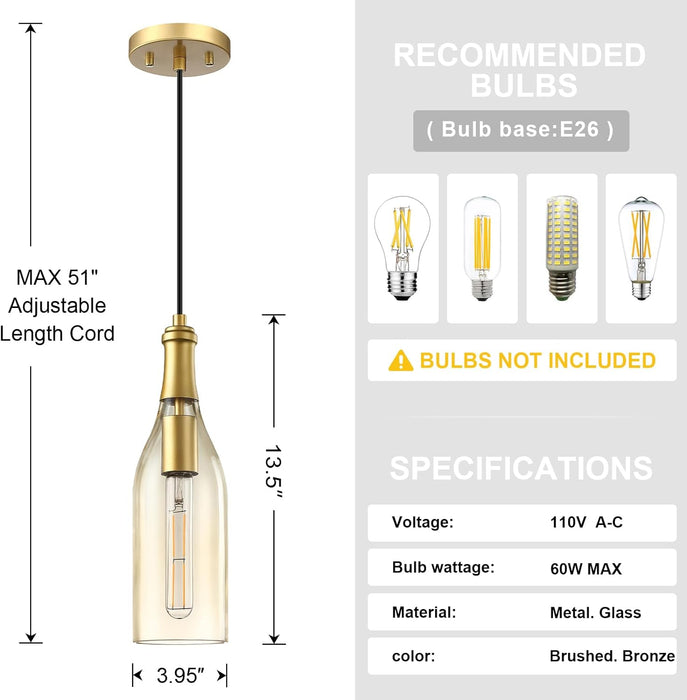 SEENMING HOUSE 1 Light Indoor Hanging Kitchen Island Pendant Light Fixtures Gold Finish with Handmade Amber Glass Chandelier Shade for Bar, Dining Room Over Sink