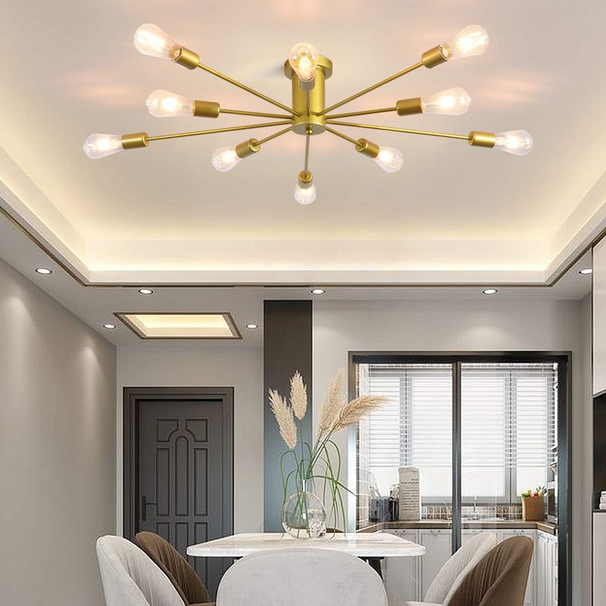 Garwarm 10 Lights Modern Sputnik Ceiling Chandelier Gold Industrial Ceiling Lamp Mid Century Semi Flush Mount Ceiling Light Fixture for Kitchen Dining Room Living Room Bedroom Foyer Lighting