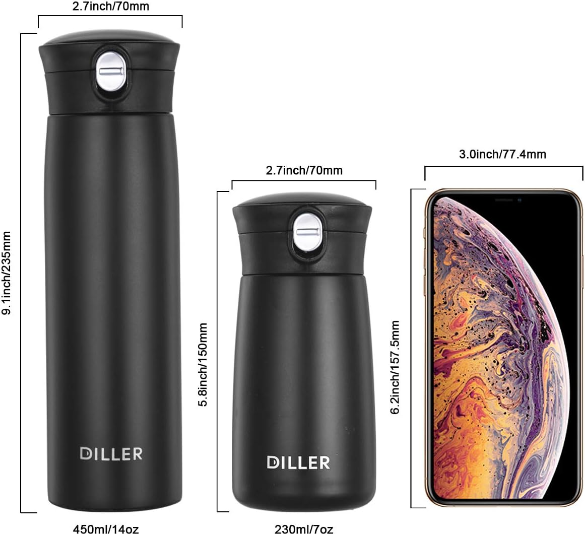 Diller Thermal Water Bottle, Coffee Travel Mug 16 or 8 oz Kids Mini Water Bottle Tumbler with Spout Lid, Leak Proof Flask for Kids and Women Keep 12H Piping Hot & 24H Cold (Black, 8 oz)