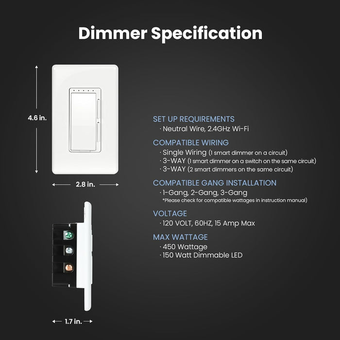 Feit Electric Smart Dimmer Switch, Neutral Wire Required for Installation, Compatible with Amazon Alexa and Google Assistant, Smart Dimmer Light Switch, White, Model:DIM/WiFi