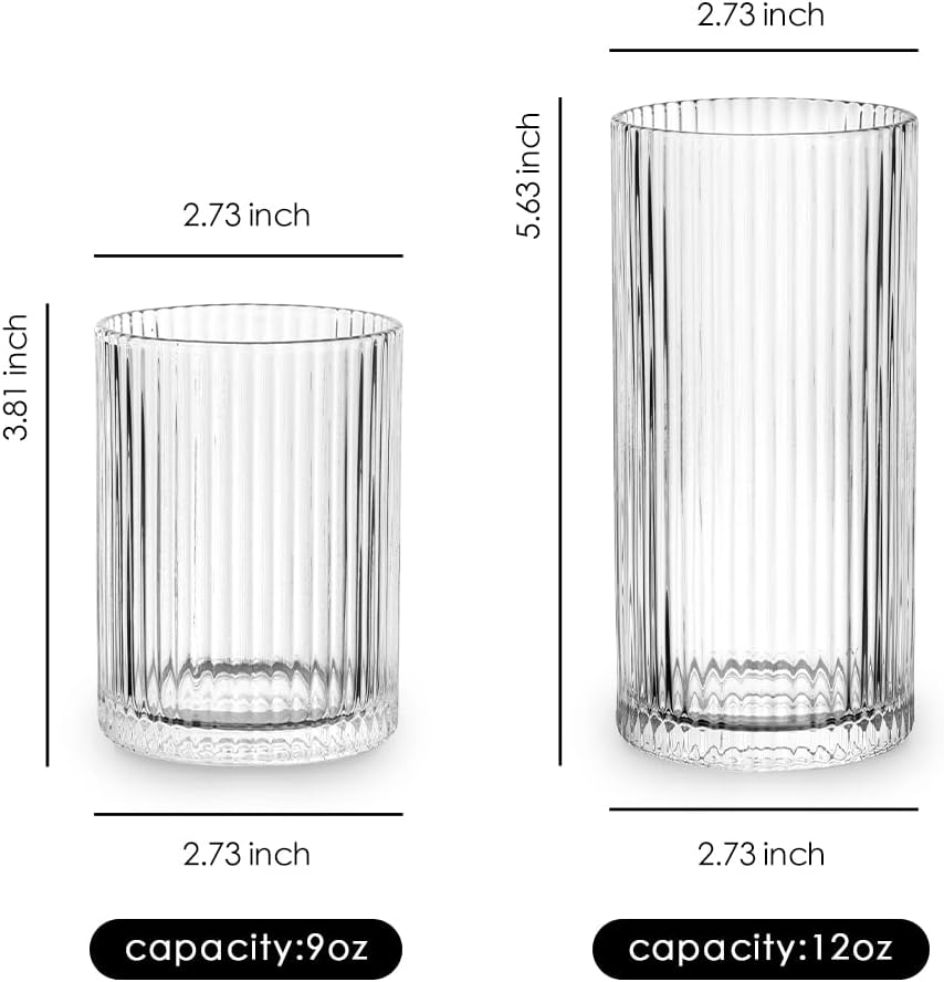 Combler Glass Cups with Straws, Drinking Glasses 12.5oz, Ribbed Glassware Set of 4, Iced Coffee Cup Coffee Bar Accessories Essentials, Glassware Sets for Beer Smoothie Whiskey Cocktail Glasses, Gifts