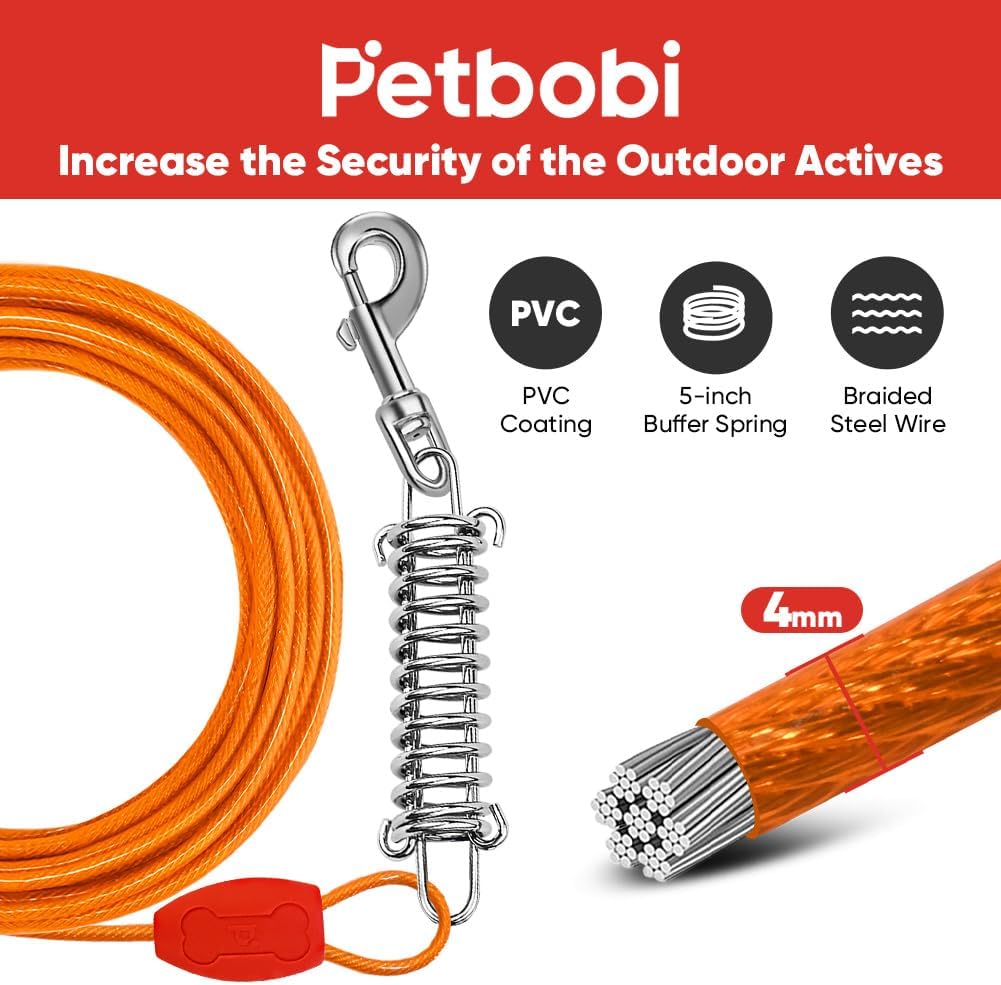 Petbobi Dog Tie Out Cable and Stake - 30ft Heavy Duty Cable with Spring - No Tangle, 16in Ground Stake - Ideal for Yard, Camping, and Beach - Suitable for Medium to Large Dogs Up to 120lbs, Orange