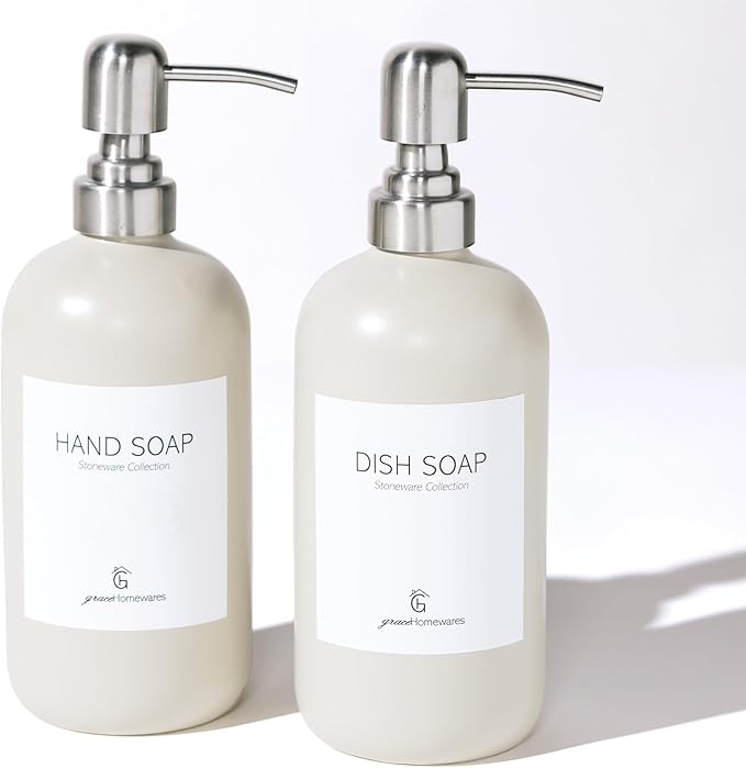 GraceHomewares Stoneware Ceramic Dish Soap Dispenser for Kitchen Sink | Kitchen Soap Dispenser Set | Soap Holder Bathroom Hand Soap Dispenser | Waterproof Labels | 2 Pack | Warm Grey w/Silver Pump