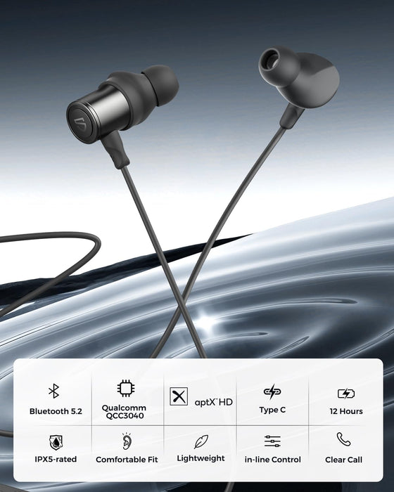 SoundPEATS Bluetooth Earphones, Wireless 5.2 Magnetic Earbuds, in-Ear IPX5 Sweatproof Headphones with Mic (12 Hours Playtime, APTX-HD, ENC Noise Cancellation, 10mm Drivers) (Q30 HD+)