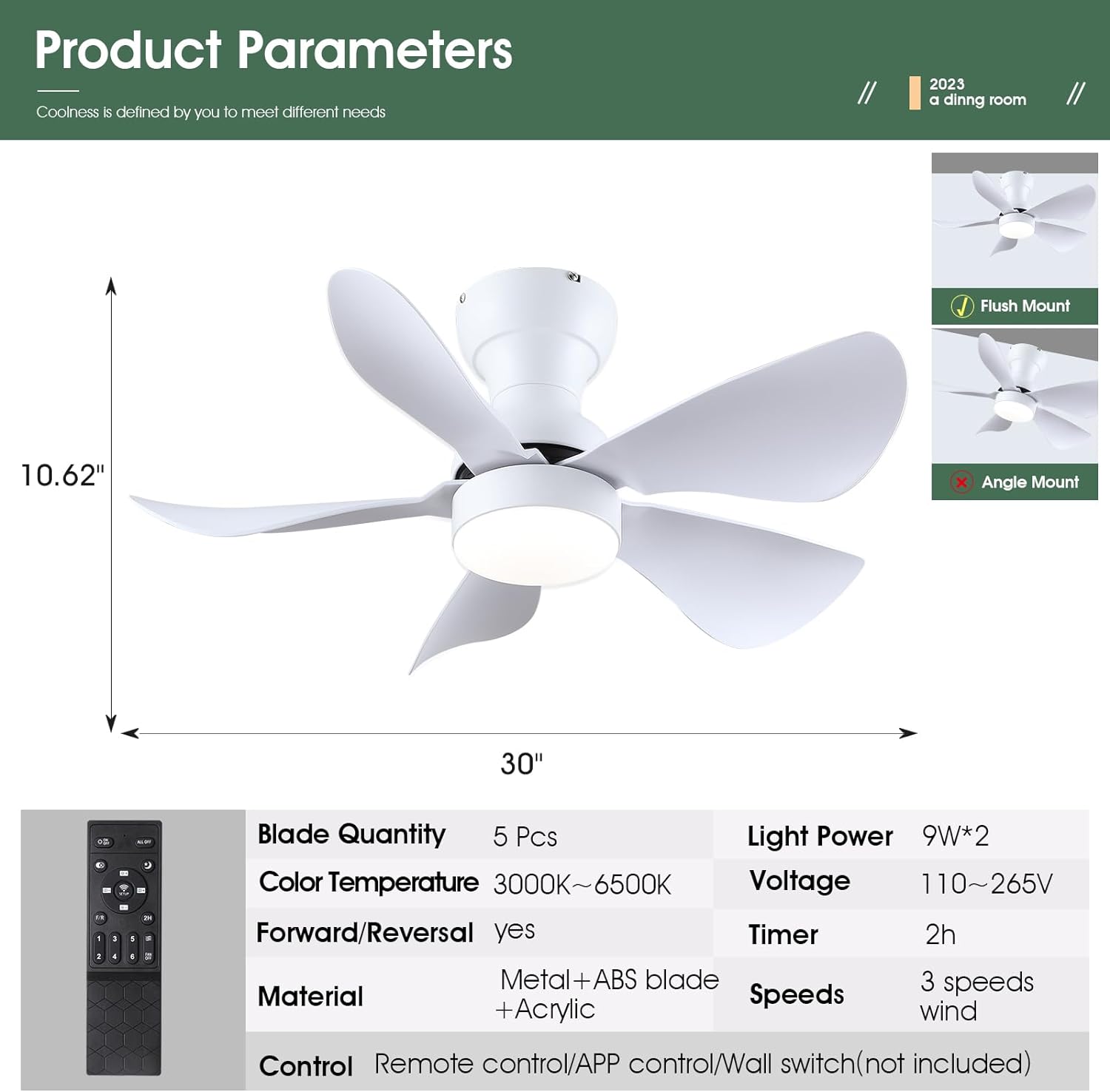 Kviflon Ceiling Fans with Lights and Remote/APP Control, 30 inch Low Profile Ceiling Fans with 5 Reversible Blades 3 Colors Dimmable 6 Speeds Ceiling Fan for Bedroom Kitchen Dining Room, White