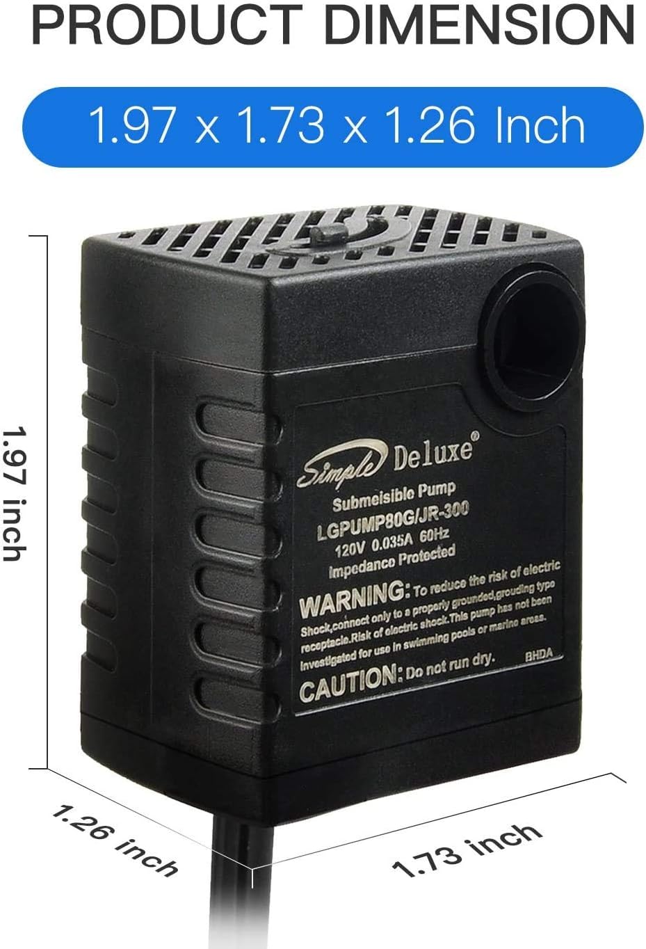 Simple Deluxe 80 GPH Submersible Pump with Adjustable Intake & 6' Waterproof Cord for Hydroponics, Aquaponics, Fountains, Ponds, Statuary, Aquariums & more