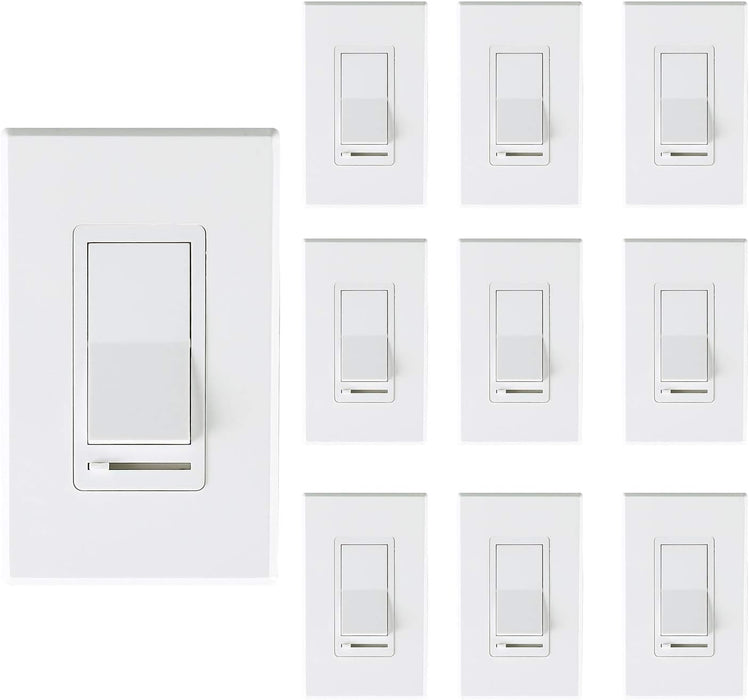 [10 Pack] Cloudy Bay 3-Way/Single Pole Dimmer Electrical Light Switch for 150W LED/CFL, 600W Incandescent/Halogen,Wall Plate Included,Pack of 10