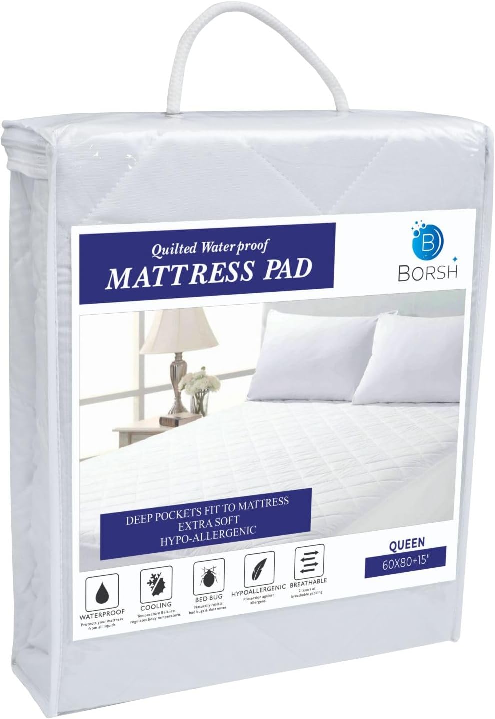 BORSH Quilted Fitted Mattress Pad (Queen,KING, CAL KING White) - Ultra Soft Cooling & Breathable Mattress Cover, Elastic Fitted Mattress Protector - Machine Washable Mattress Topper - 60" X 80", 15" Deep