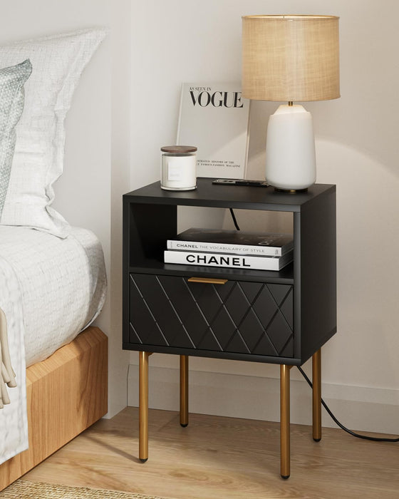 AEPOALUA Nightstand with Charging Station,Small Bedside Table with Two Drawers,Black Night Stand,End Table with Gold Frame,Bedside Furniture, Side Table for Bedroom,Living Room,Diamond
