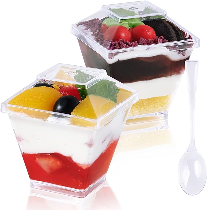 JOLLY CHEF 100 x 2 oz Mini Dessert Cups with Spoons and Lids, Square Tall Clear Plastic Parfait Appetizer Cup Small Serving Bowl for Party Desserts Appetizers