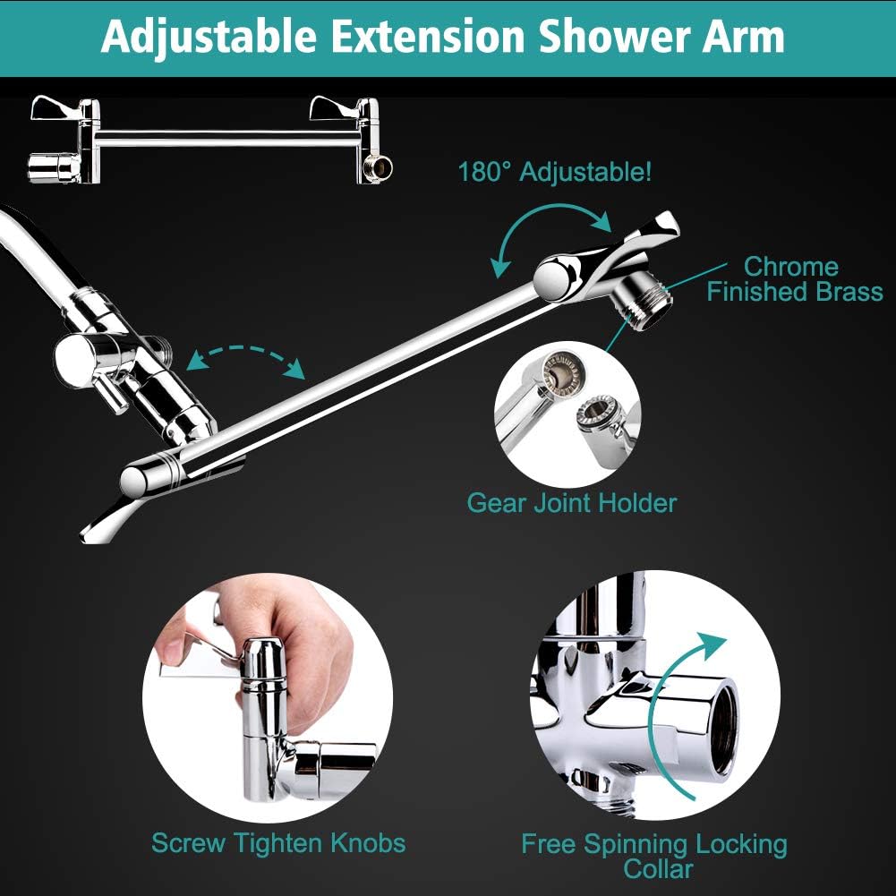 Shower Head, 8 Inch High Pressure Rainfall Shower Head/Handheld Shower Combo with 11 Inch Extension Arm, 9 Settings Adjustable Anti-Leak Shower Head with Holder/Hose, Height/Angle Adjustable