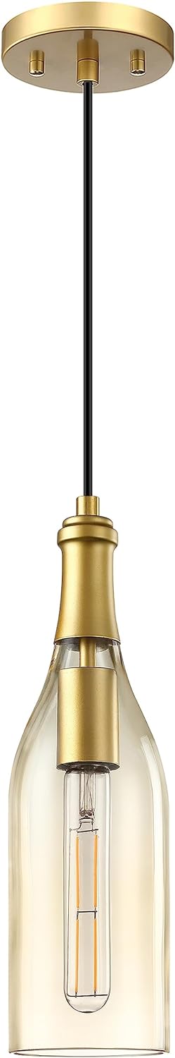 SEENMING HOUSE 1 Light Indoor Hanging Kitchen Island Pendant Light Fixtures Gold Finish with Handmade Amber Glass Chandelier Shade for Bar, Dining Room Over Sink