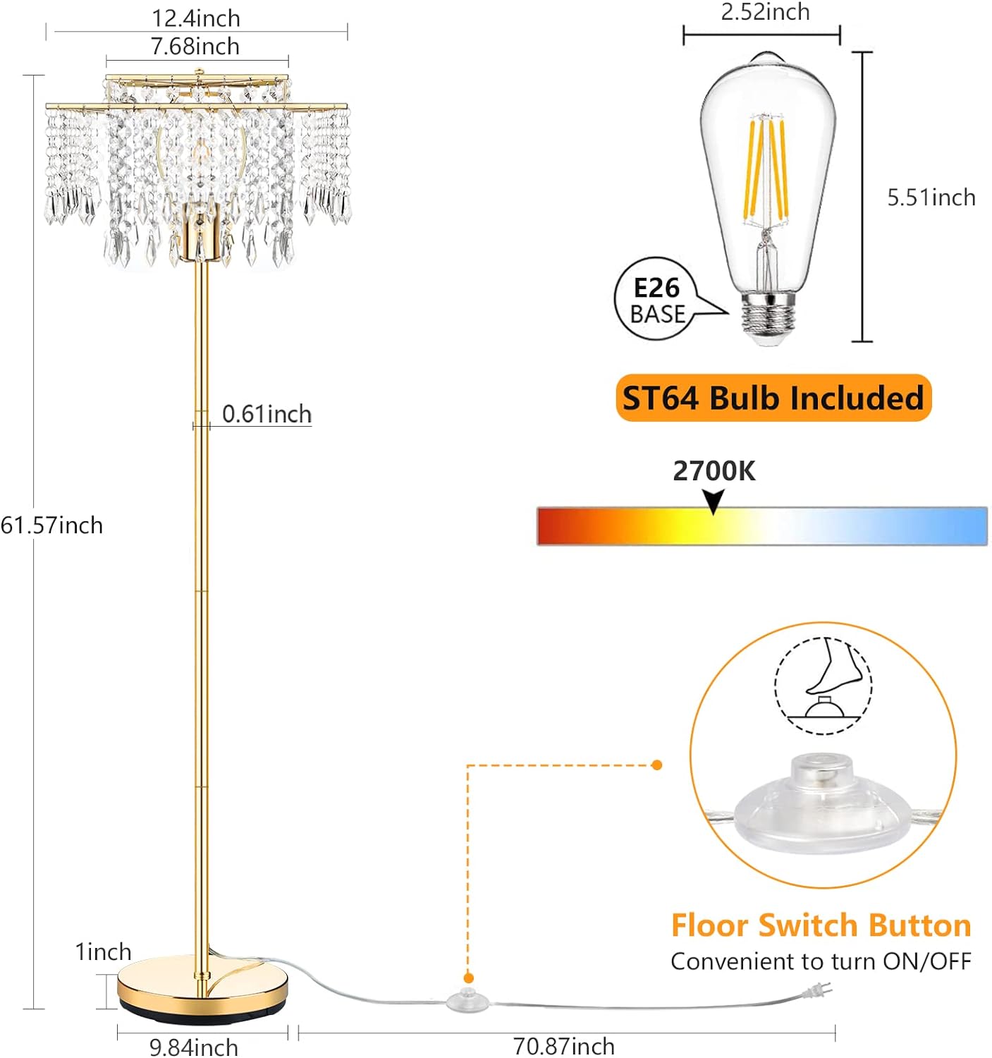 Mlambert Double Layer Lampshade Crystal Floor Lamp for Bedroom,Floor Lamp for Livingroom,Elegant Standing Lamp,61.57" Pole Lamp,Modern Floor Lamp,Gold