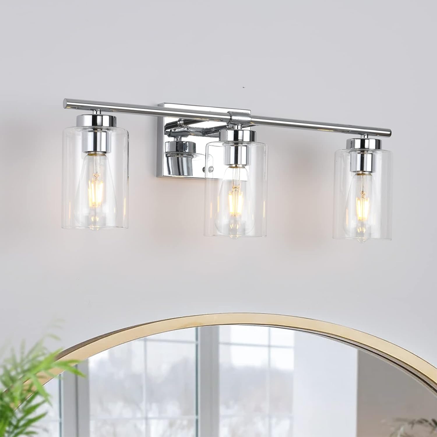 Bathroom Vanity Light KOSTOMO Bathroom Wall Light Chrome Vanity Light 3-Light Wall Sconce Clear Glass Shade Modern Bathroom Lights Fixtures Porch Wall Lamp for Mirror Living Bedroom, Hallway