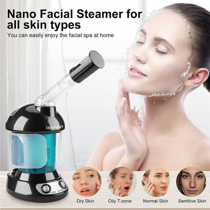 Facial Steamer - Ozone Steamer with Extendable 360° Rotating Arm - Humidifier - Unclogs Pores - Blackheads - Portable Facial Steamer for Personal Care Use at Home or Salon (Black)