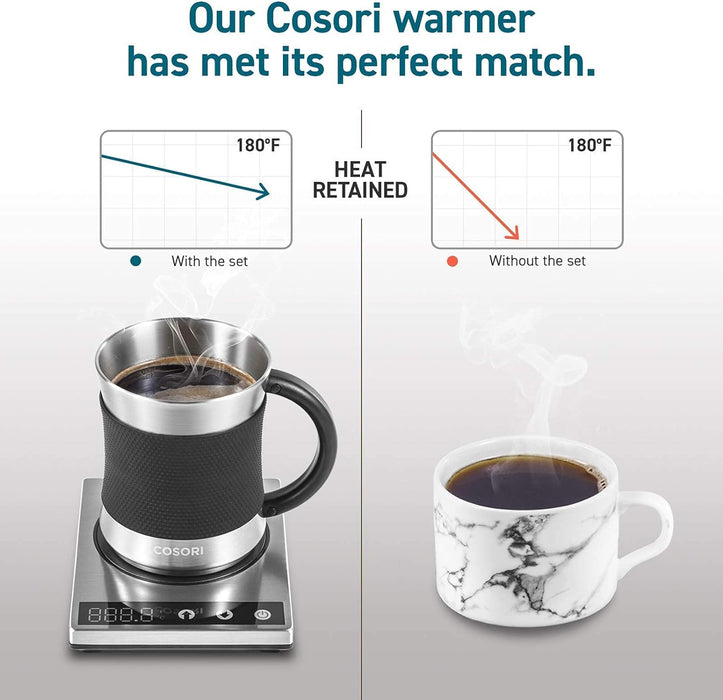 COSORI Coffee Mug Warmer & Mug Set, Beverage Cup Warmer for Desk Home Office Use, Coffee Gifts, Electric 24 Watt, Touch Tech & LCD Digital Display, 304 Stainless Steel, 17 oz, Mug lid