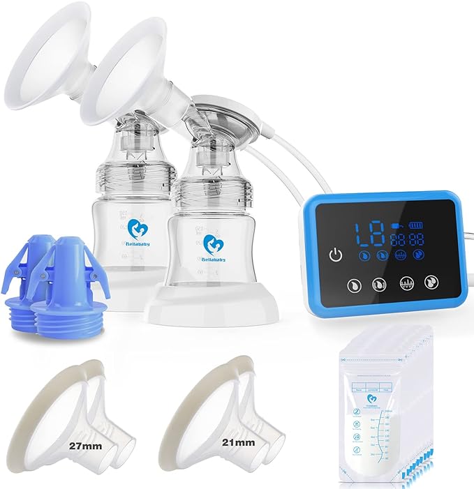 Bellababy Electric Breast Pump Portable 4 Modes & 9 Levels Efficient Suction, Touch Control LED Timer Display Rechargeable Double Pumps, Newly Upgraded Comes with 21mm, 24mm, 27mm Flanges