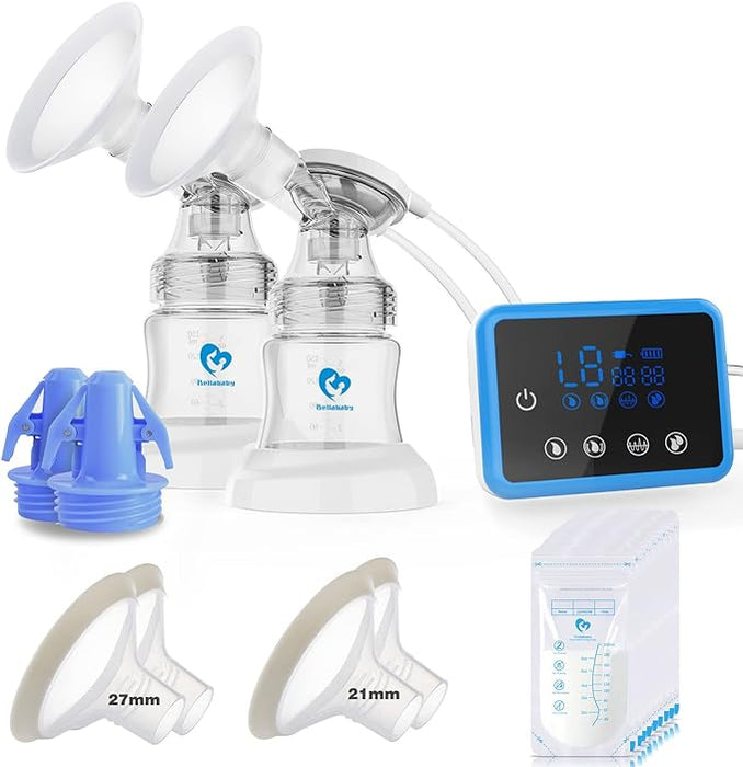 Bellababy Electric Breast Pump Portable 4 Modes & 9 Levels Efficient Suction, Touch Control LED Timer Display Rechargeable Double Pumps, Newly Upgraded Comes with 21mm, 24mm, 27mm Flanges