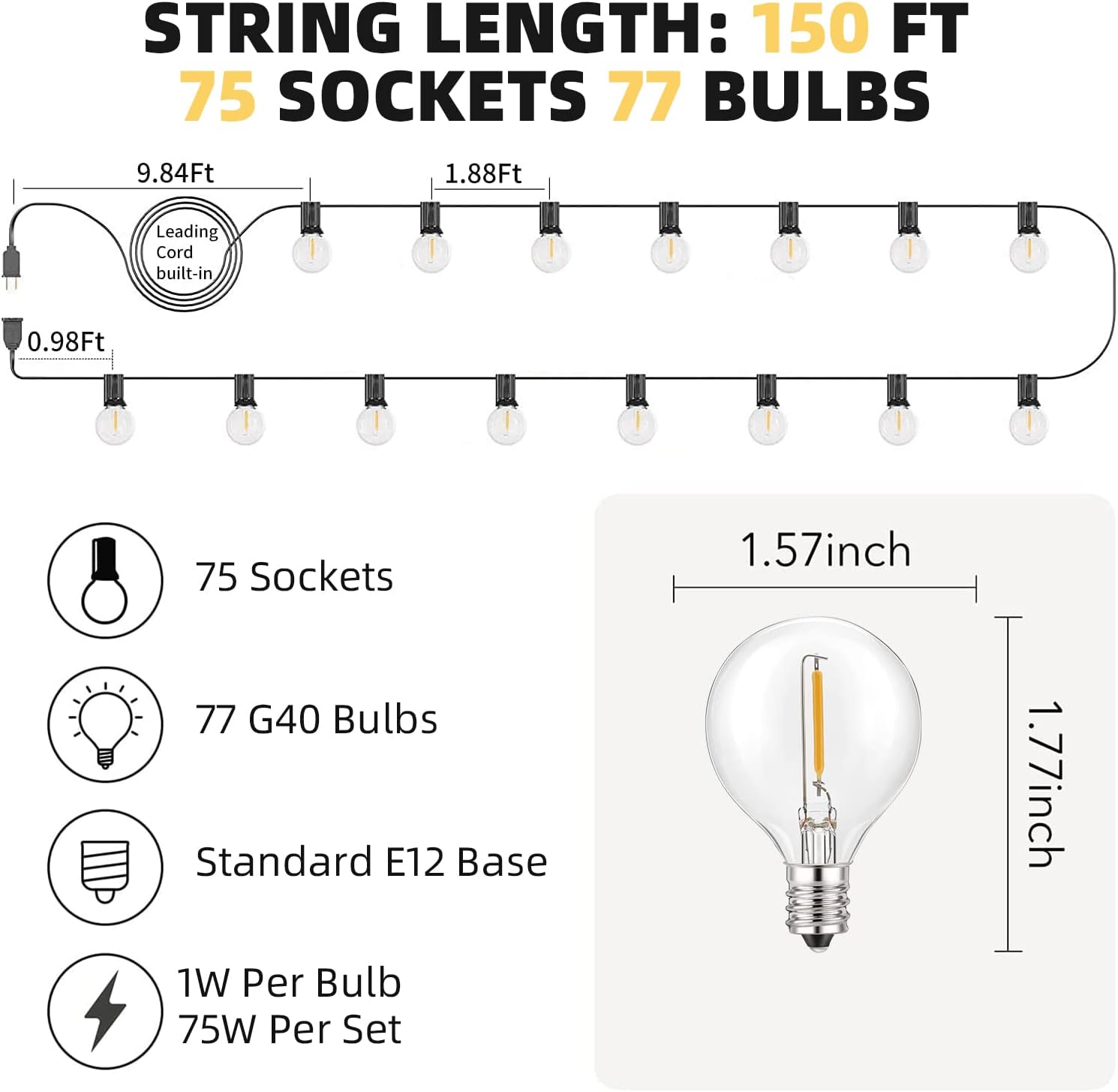 RTTY Outdoor String Lights 150ft, G40 Led Patio Lights with 75pcs Bulbs,Waterproof Shatterproof Dimmable Globe Outside Hanging Lights for Cafe,Bistro & Backyard