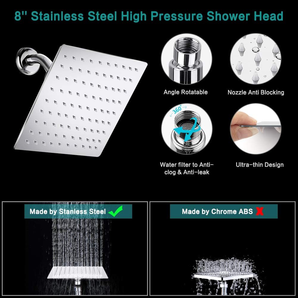 Shower Head, 8 Inch High Pressure Rainfall Shower Head/Handheld Shower Combo with 11 Inch Extension Arm, 9 Settings Adjustable Anti-Leak Shower Head with Holder/Hose, Height/Angle Adjustable