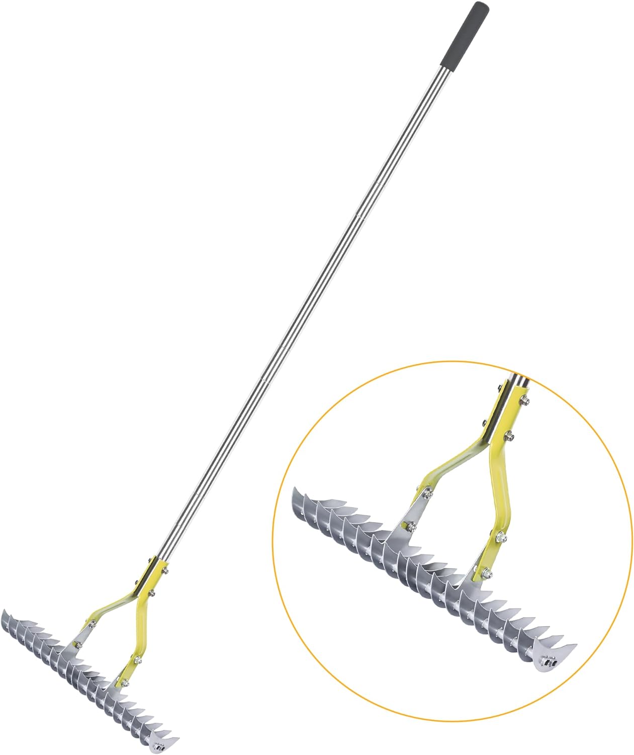 BARAYSTUS Thatch Rake, 15-Inch Wide Lawn Thatching Rake for Cleaning Dead Grass, Efficient Steel Metal Lawn Grass Rake with Stainless Steel Handle, Lawn loosening Soil Rake, 58.5-Inch Length.