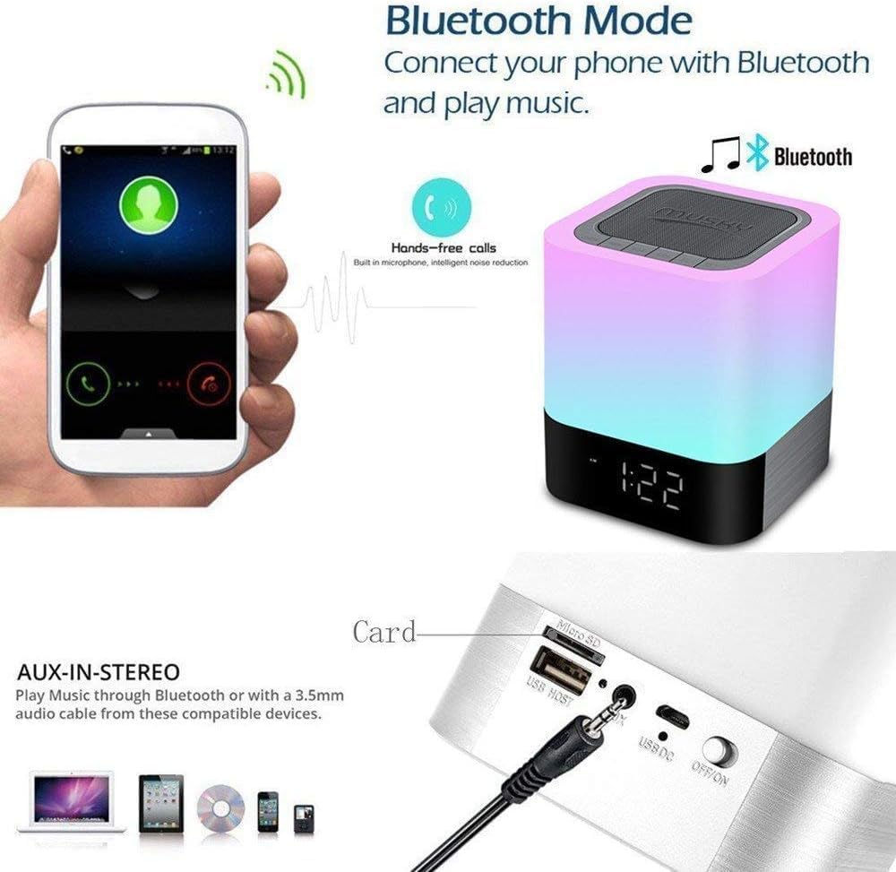 Aisuo Night Light-5 in 1 Bedside Lamp with Bluetooth Speaker,12/24H Digital Calendar Alarm Clock,Touch Control & 4000mAh Battery,Support TF and SD Card,Music Player,Room Decor