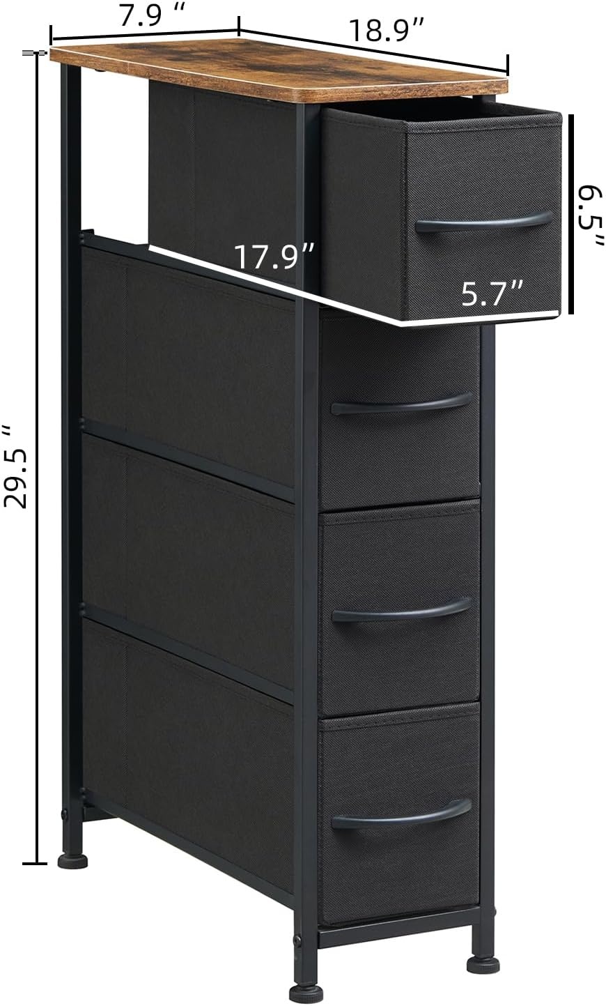 Somdot Narrow Dresser for Small Spaces, 4 Drawer Slim Storage Organizer Chest of Drawers with Removable Fabric Drawers for Closet Bathroom Bedroom Laundry Nursery, Black