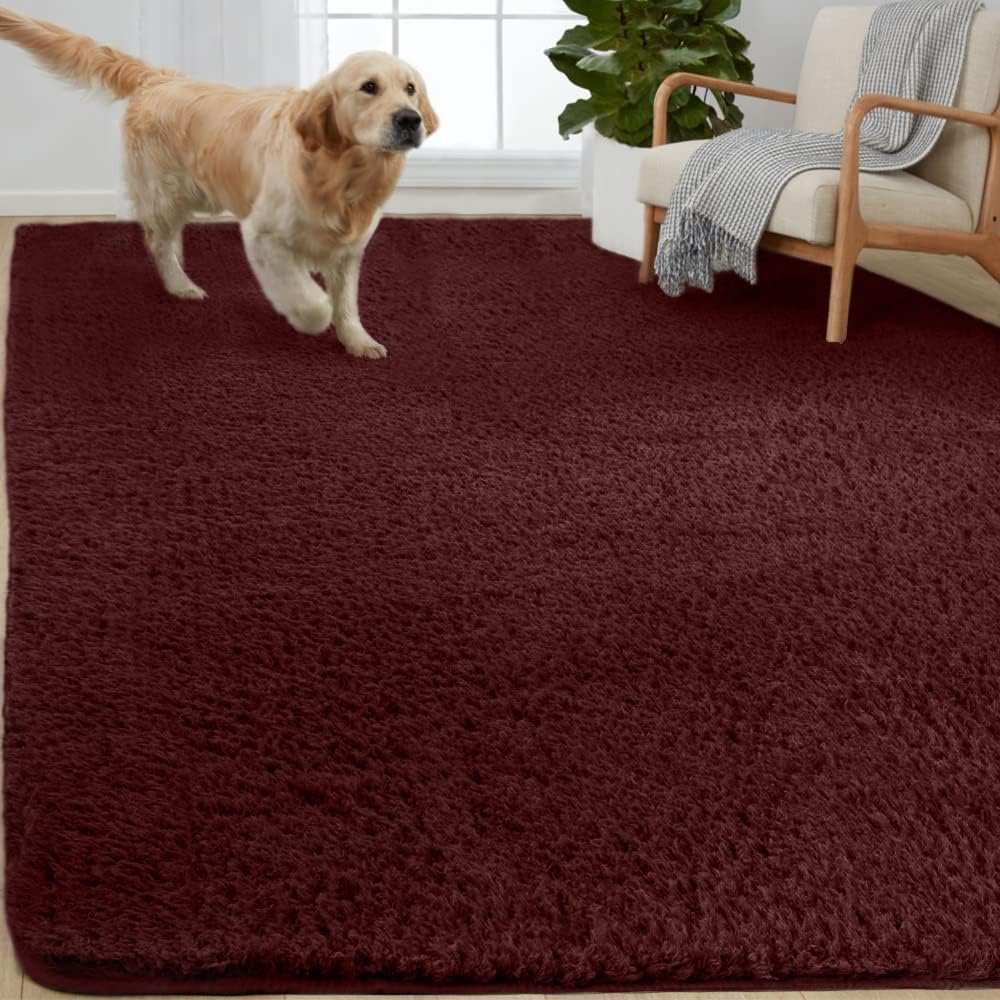 Gorilla Grip Soft Faux Fur Area Rug, Washable, Shed and Fade Resistant, Grip Dots Underside, Fluffy Shag Indoor Bedroom Rugs, Easy Clean, for Living Room Floor, Nursery Carpets, 3x5 FT, Burgundy