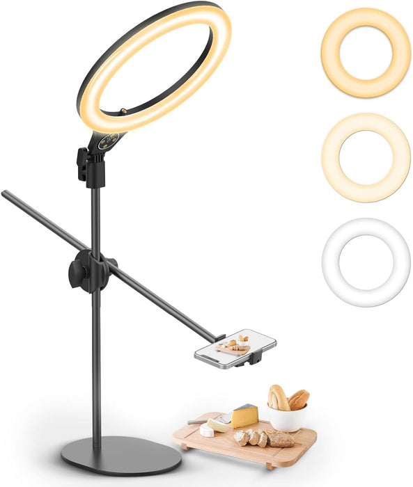 ULANZI Overhead Phone Mount with 10" Selfie Ring Light, Tabletop Light Stand with 360° Adjustable Shooting Arm, 3500k-6500K Dimmable Ring Light for Video Recording, Live Streaming, Portrait & Makeup