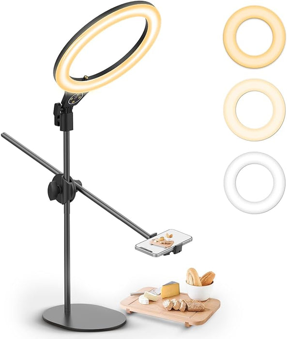 ULANZI Overhead Phone Mount with 10" Selfie Ring Light, Tabletop Light Stand with 360° Adjustable Shooting Arm, 3500k-6500K Dimmable Ring Light for Video Recording, Live Streaming, Portrait & Makeup