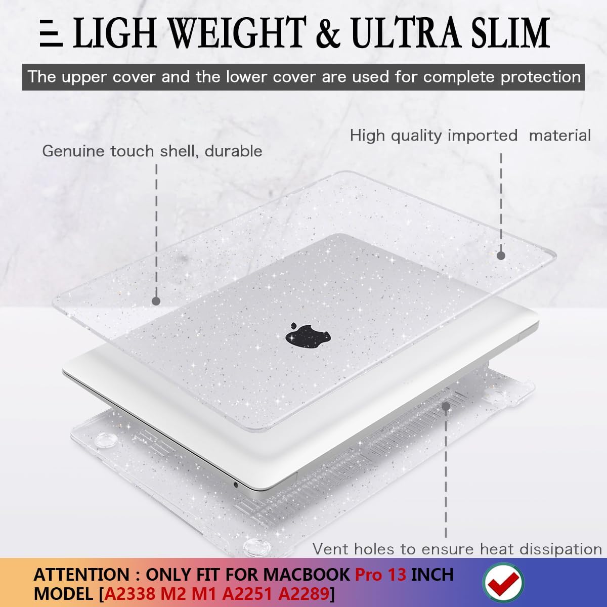 CISSOOK Clear Glitter Star Case for MacBook Pro 13 Inch 2022 2021 2020 Release Model M2 A2338 M1 A2251 A2289, Plastic Sparkly Bling Hard Shell Case with Keyboard Cover for MacBook Pro M1 M2 Touch Bar