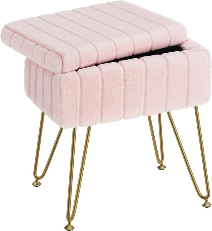 Greenstell Vanity Stool Chair Faux Fur with Storage, 19.4" H x 15.7" L x 11.8" W Soft Ottoman 4 Metal Legs with Anti-Slip Feet, Furry Padded Seat, Modern Multifunctional Chairs for Makeup, Bedroom