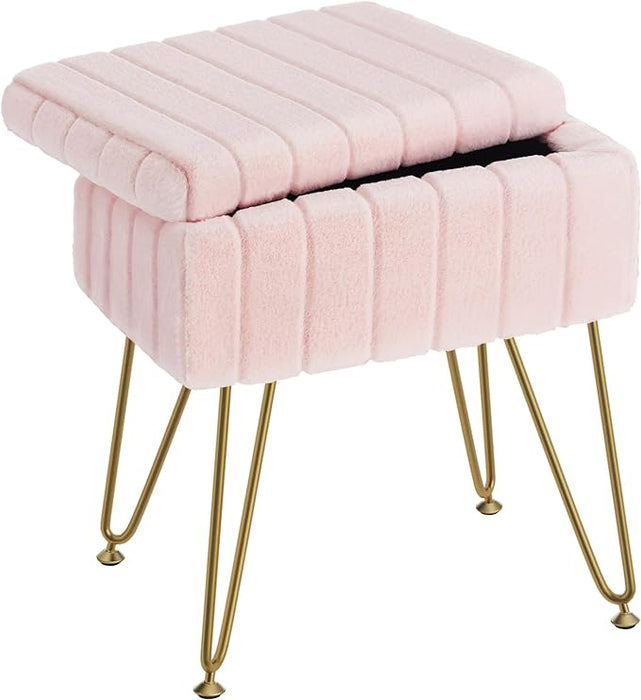 Greenstell Vanity Stool Chair Faux Fur with Storage, 19.4" H x 15.7" L x 11.8" W Soft Ottoman 4 Metal Legs with Anti-Slip Feet, Furry Padded Seat, Modern Multifunctional Chairs for Makeup, Bedroom