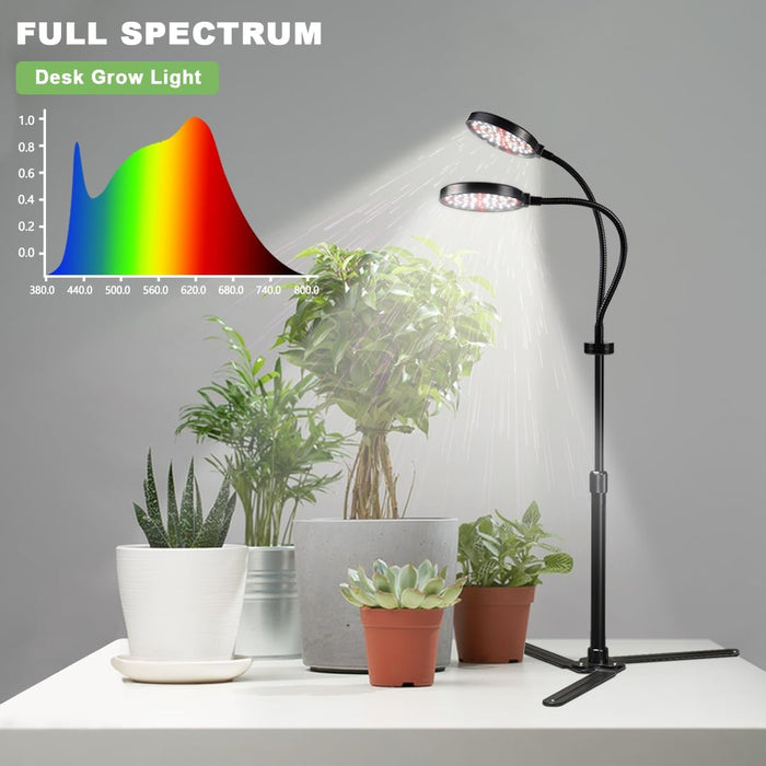 WeeLeeGoo Grow Light with Base, Two Heads 6000K Full Spectrum Plant Light for Indoor Plants, 4.7In Circle Growing Lamp with 4/8/12/18H Timer, Brightness Changeable & Height Extendable 9-16In