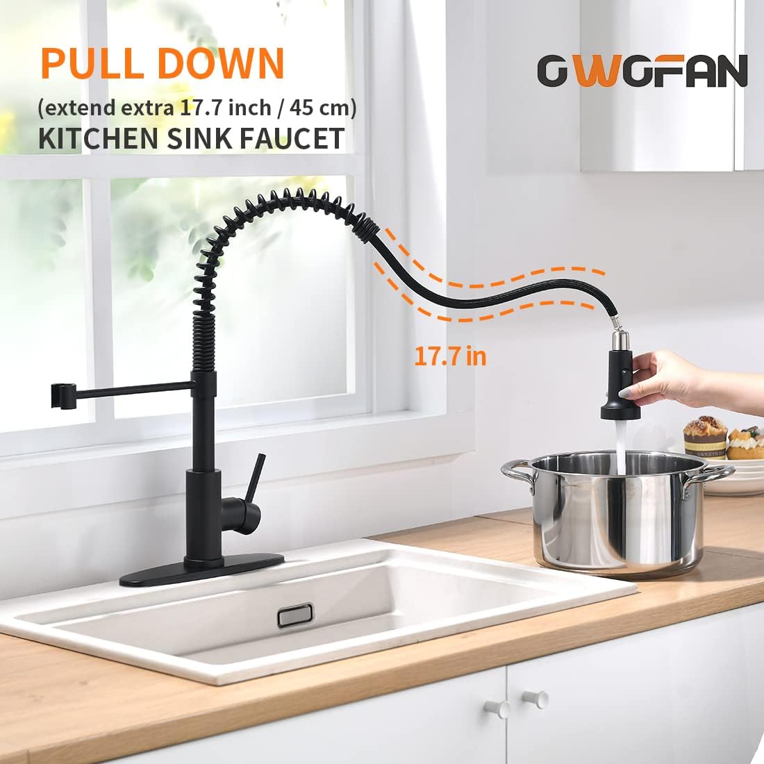 OWOFAN Black Kitchen Faucet with Pull Down Sprayer Stainless Steel Single Handle Pull Out Spring Sink Faucets 1 Hole Or 3 Hole Dual Function for Farmhouse Camper Laundry Utility Rv Wet Bar