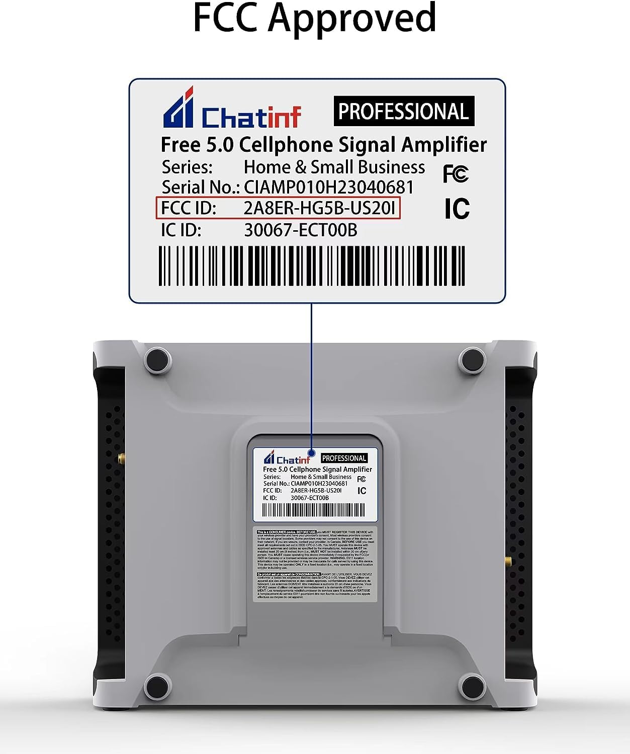 Chatinf Free 5.0 Pro Cell Phone Signal Booster for Home Basement Office RV up to 6000 sq ft, Boosts All Canadian Carriers, Telus, Bell, Rogers, Two Antenna & ISED Approved