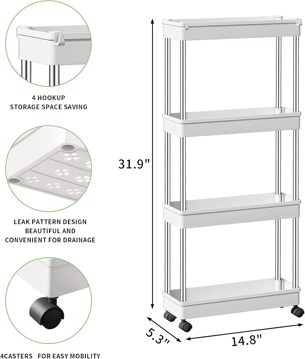 4 Tier Slim Storage Cart,SYLEALA Rolling Storage Cart on Wheels,White Bathroom Storage Cart for Kitchen /Narrow Places/Laundry Organization and Storage, Plastic & Stainless Steel