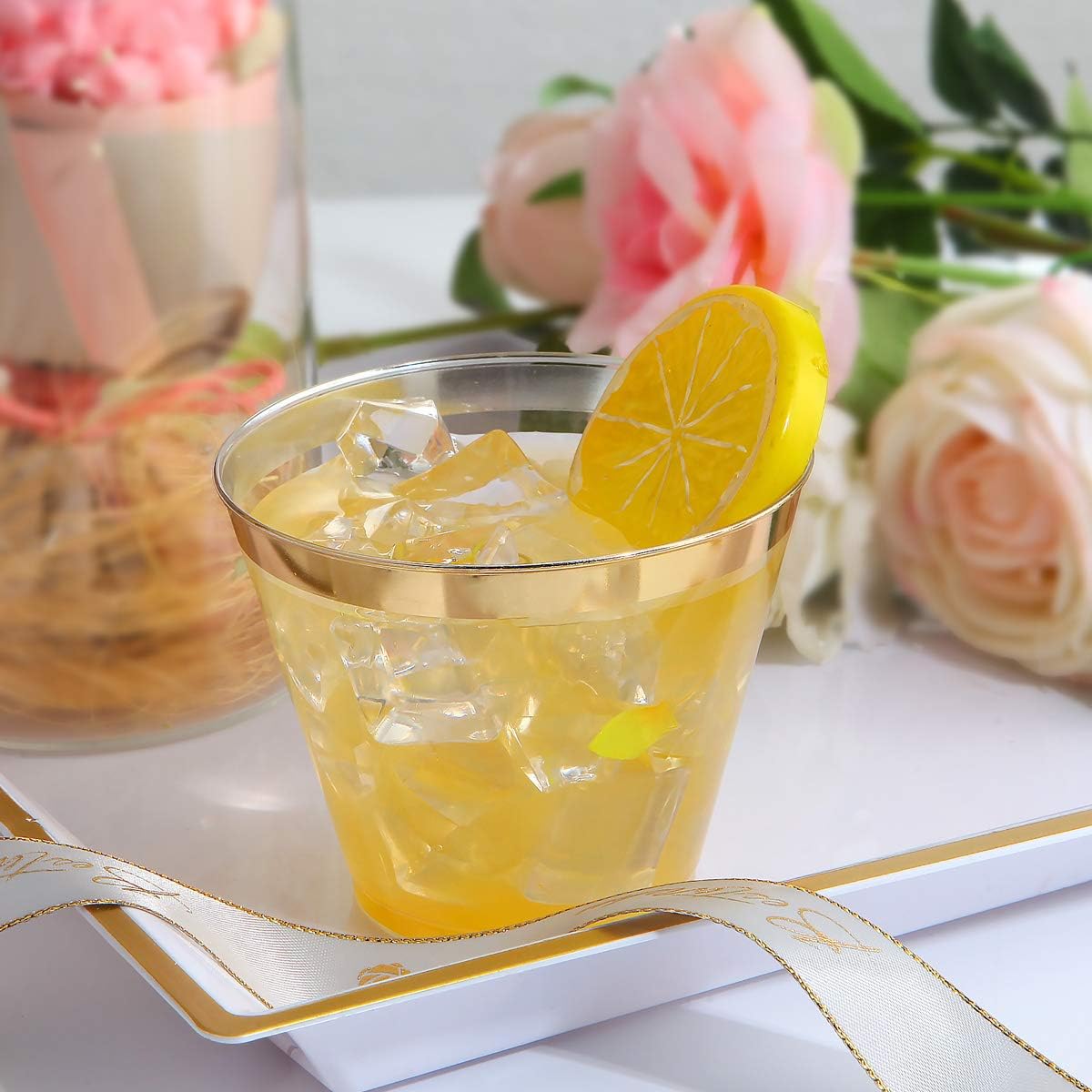 I00000 200 Pack Gold Plastic Cups, 9 Oz Elegant Clear Plastic Cups Gold Rimmed Disposable Wine Glasses Fancy Disposable Party Cups Wedding Cups Drinking Tumblers Plastic Cocktail Glasses with Gold Rim