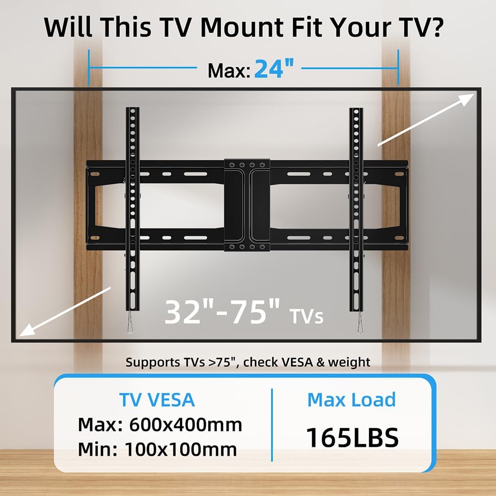 HOME VISION TV Wall Mount Tilt for Most 32-75 inch Flat Curved TV, Low Profile Tilting Wall Mount TV Bracket Fits 16”-18”-24” Wood Stud, Max VESA 600X400mm, Up to 165lbs, Quick Release