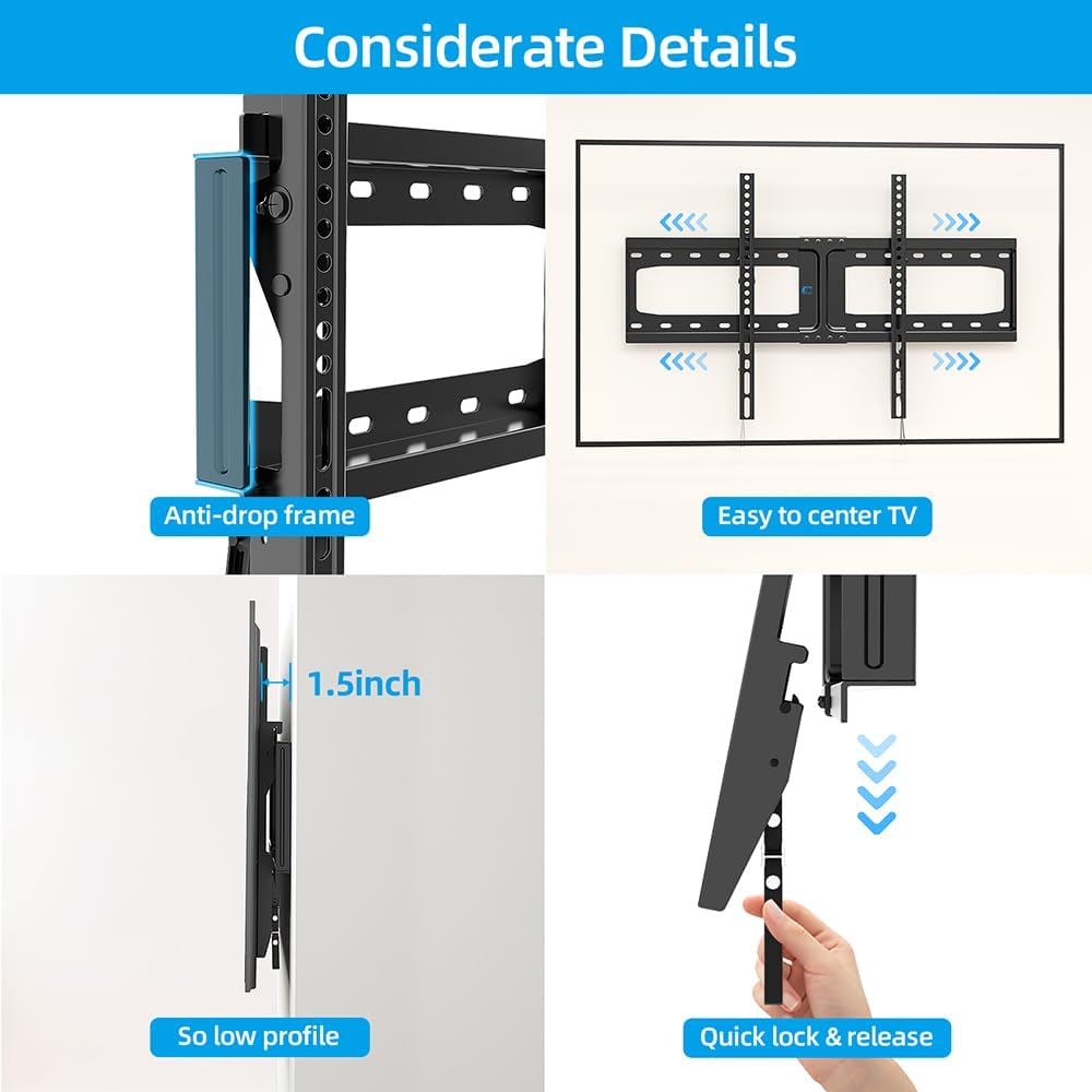 HOME VISION TV Wall Mount Tilt for Most 32-75 inch Flat Curved TV, Low Profile Tilting Wall Mount TV Bracket Fits 16”-18”-24” Wood Stud, Max VESA 600X400mm, Up to 165lbs, Quick Release