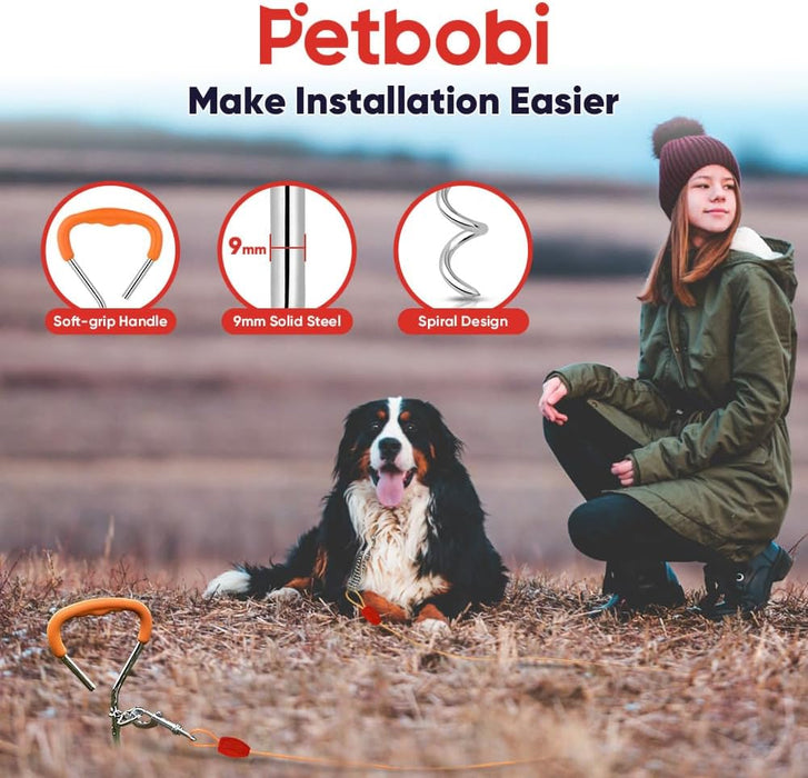 Petbobi Dog Tie Out Cable and Stake - 30ft Heavy Duty Cable with Spring - No Tangle, 16in Ground Stake - Ideal for Yard, Camping, and Beach - Suitable for Medium to Large Dogs Up to 120lbs, Orange