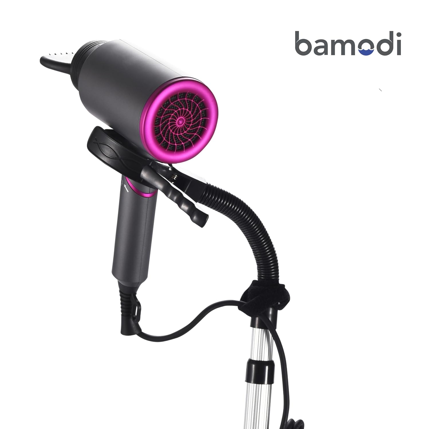 Bamodi Hair Dryer Holder Black - Hands-Free Hair Drying Metal Stand with 360° Rotation, Adjustable Height - Countertop or Wall Mount - Stylish and Convenient Storage Solution for Bathroom