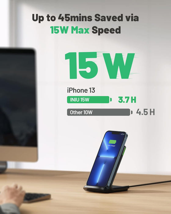 INIU Wireless Charger, 15W Qi Certified Fast Wireless Charging Stand with Sleep-Friendly Adaptive Light for iPhone 15 14 13 12 11 Pro Max Plus Samsung Galaxy S23 S22 Ultra S21 S20 Note 20 Google etc.