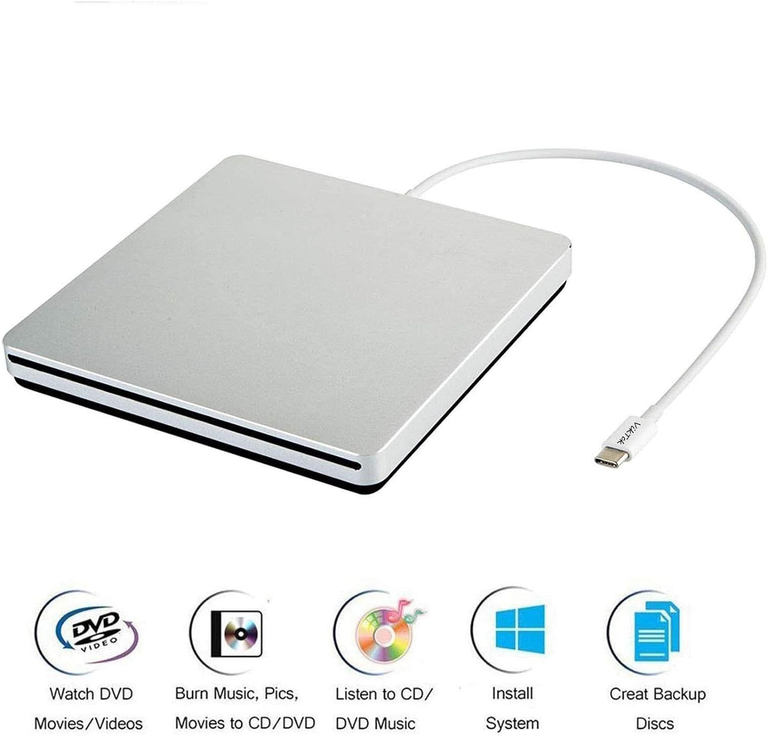 VikTck USB-C Superdrive External DVD/CD Reader and DVD/CD Burner for Apple-MacBook Air/Pro/iMac/Mini/MacBook Pro/ASUS/ASUS/DELL Latitude with USB-C Port Plug and Play(Silver)